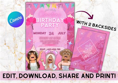 Roblox Invitation Card Birthday Girl Pink Custom Editable Etsy