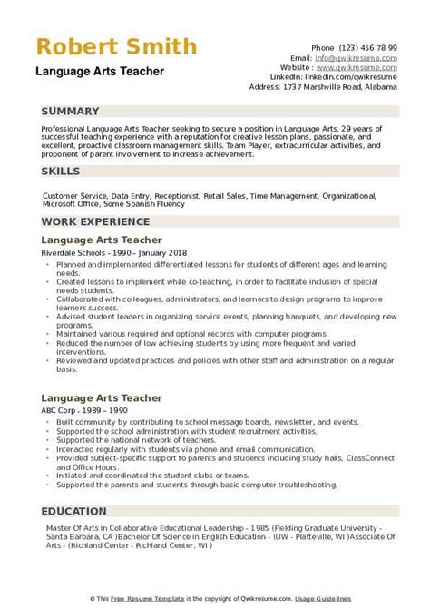 Arts Teacher Resume Samples Qwikresume