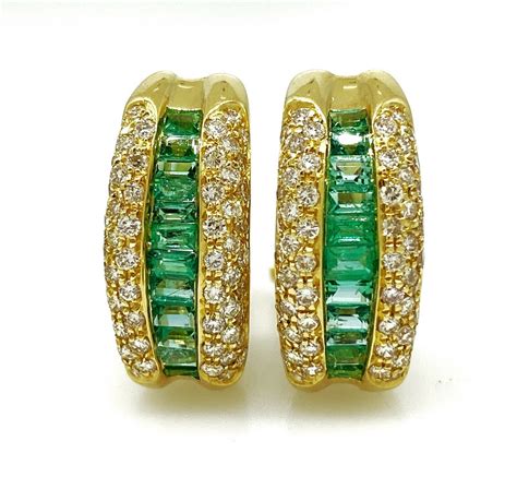 Emerald And Diamond Half Hoop Earrings In 18k Yellow Gold HM2214