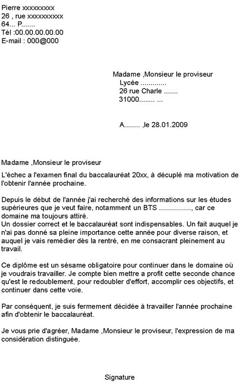 Les renseignement privés seront remplacés par des xxx. exemple de courrier a un proviseur