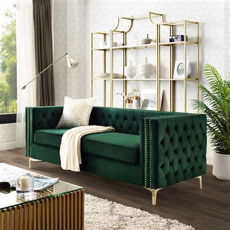 Inspired Home Sania Velvet Sofa 3 Seat Nailhead Trim Gold Legs