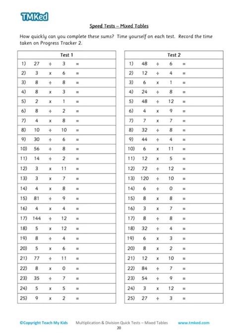 Multiplication And Division Quick Tests Mixed Tables 7 11 Years Tmk