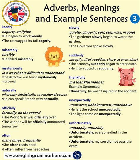 Manner, frequency, place, time, and cause or reason. 50 Most Common Adverbs, Meanings and Example Sentences - English Grammar Here