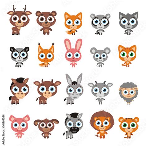 Big Set Cute Animals With Big Eyes In Cartoon Style Vector Collection