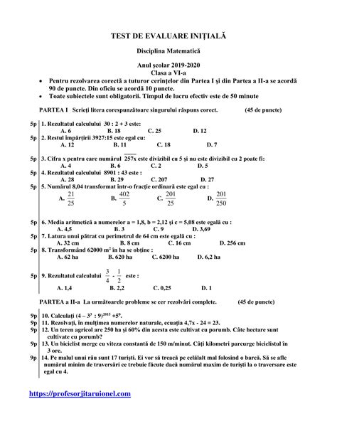 An Scolar 2019 2020 Clasa A Vi A Test Initial La Matematica Cu