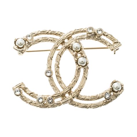 Chanel Cc Faux Pearl Crystal Gold Tone Pin Brooch Chanel Tlc