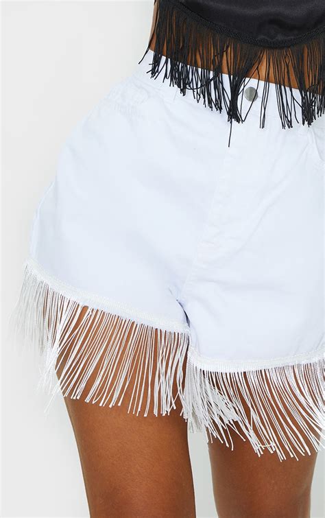 White Tassel Hem Denim Shorts Denim Prettylittlething Aus