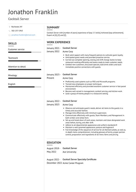 Cocktail Server Resume Examples And Templates