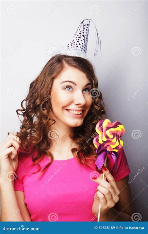 Funny Curly Woman Holding Big Lollipop Stock Image Image Of Colorful Closeup 59535189