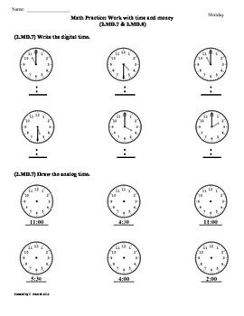 (2.MD.7 & 2.MD.8)Time & Money -2nd Grade Common Core Math Worksheets