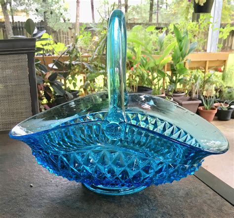 Indiana Glass Tiara Diamond Cut Aqua Blue Large Basket