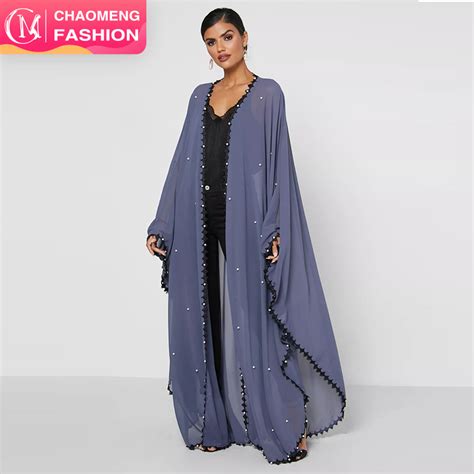Fashionable Muslim Women Pearls Cardigan Kaftan Bat Sleeve Abaya Dubai