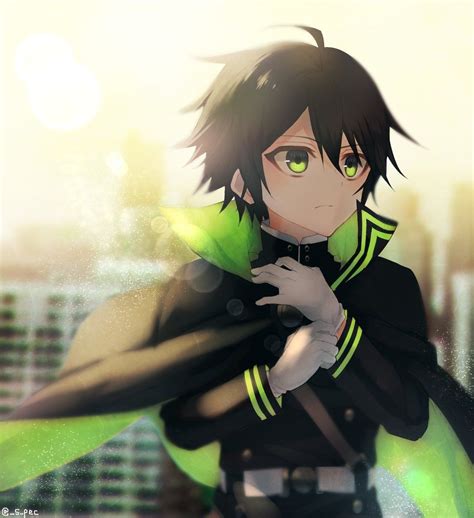 An Anime Character With Black Hair And Green Eyes Wearing A Uniform In Front Of A Cityscape