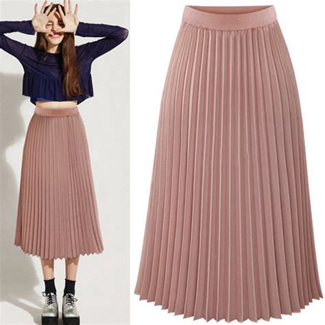 Women Double Layer Chiffon Pleated Dress Long Elastic Waist Maxi Dress Skirt Ebay