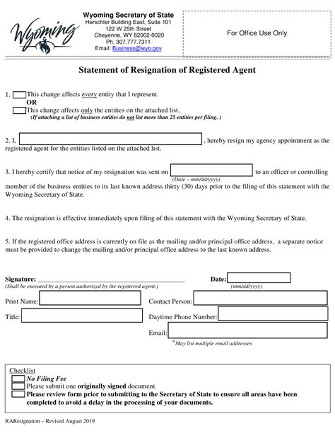 The resignation letter falls under the category of a formal letter. Wyoming Statement of Resignation of Registered Agent ...