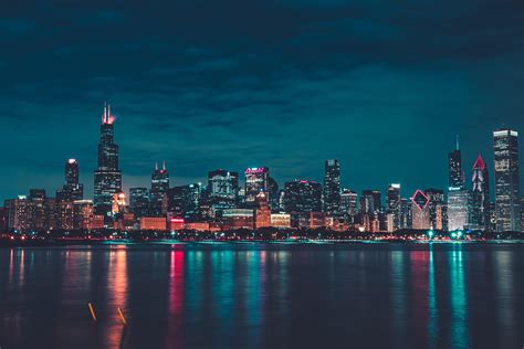 Wallpaper Night City Buildings Water Reflection Chicago Hd