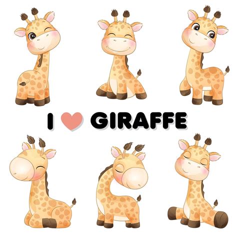 Cute Doodle Giraffe Poses Clipart With Watercolor Illustration Etsy