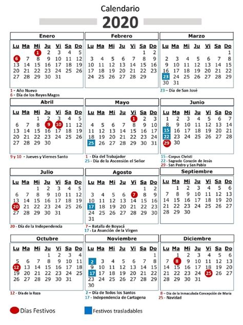 Calendario Colombia 2020