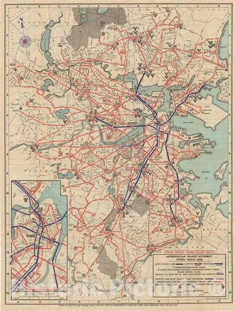 Historic Map Greater Boston Transit Maps Boston MTA System Route Map