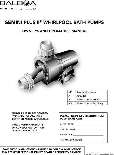 Balboa Water Group Pump 1795 Users Manual