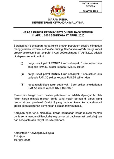 1.ron95, ron97, diesel, naik harga berkuatkuasa 1 februari2.kenaikan harga minyak tidak wajar, kos sara hidup lebih meningkat3.galas tugas baharu, ydp mahu. Harga Minyak RON 95 & RON 97 Turun 5 Sen, Diesel Turun 12 ...