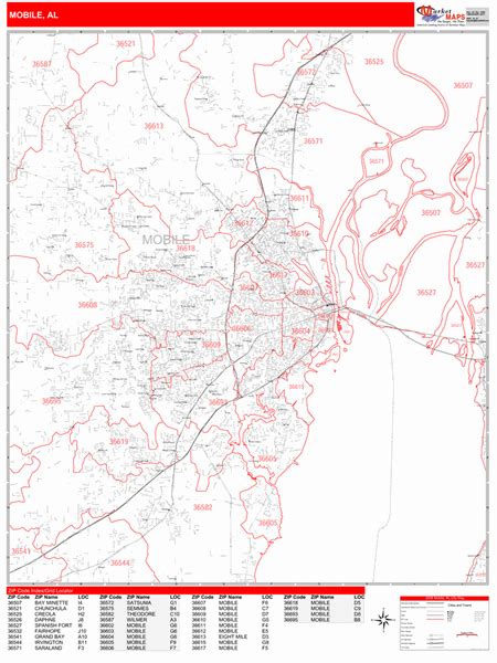 Mobile Alabama Zip Code Wall Map Red Line Style By
