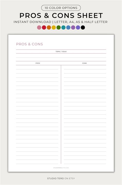 Pros And Cons Template Printable Minimal Pros And Cons List Etsy