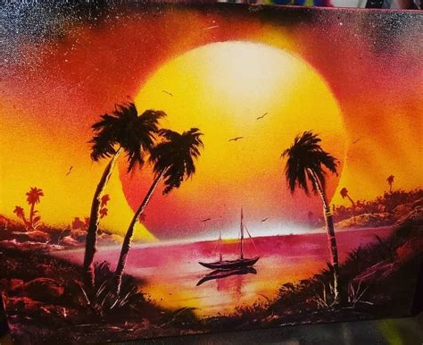 Paradise Sunset Spray Paint Art Canvas Original Spray Paint Art