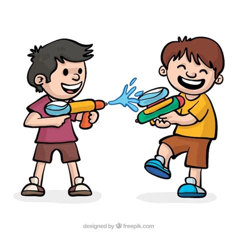 Free Vector Happy Children Playing With Water Guns