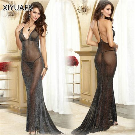 Sexy Fashion Black Lace Mesh Perspective Long Party Dress Deep V Neck