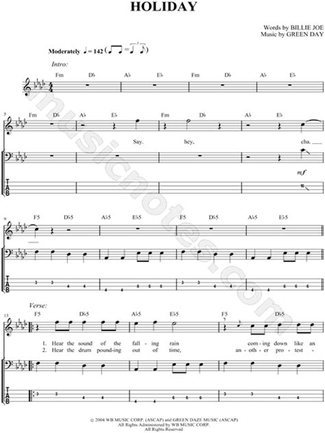 Green Day Holiday Bass Tab In Ab Major Download And Print Sku