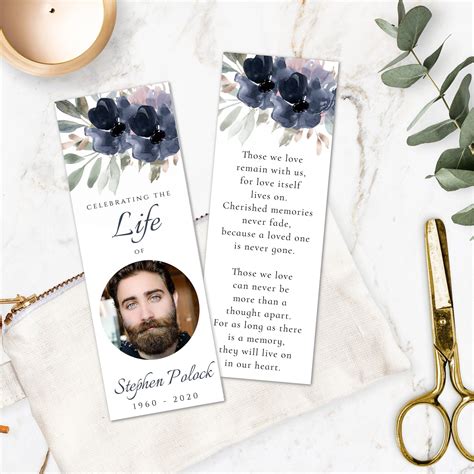 Blue Floral Funeral Bookmark Template for Man, Simple Navy Obituary