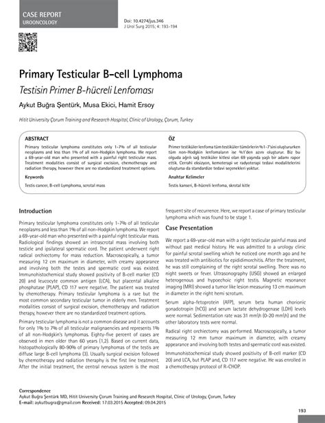 Pdf Primary Testicular B Cell Lymphoma