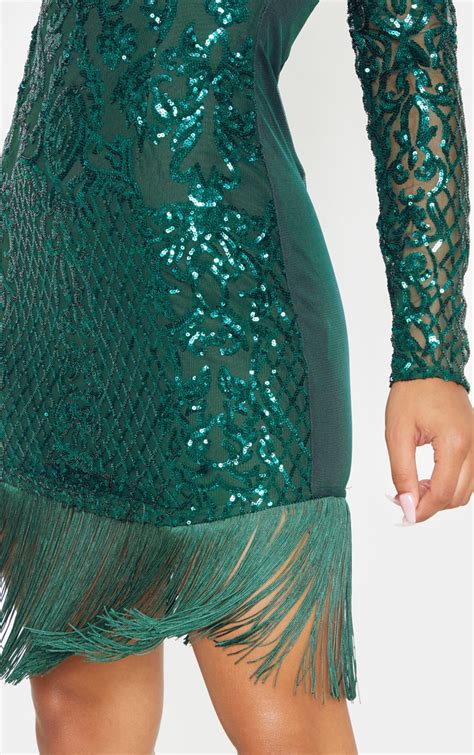 Emerald Green Sequin Tassel Hem Bodycon Dress Prettylittlething Ie
