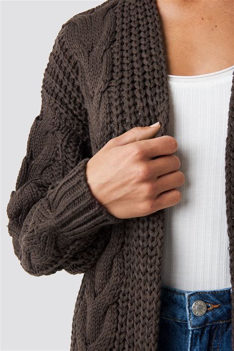Chunky Cable Knit Long Cardigan Brown Na