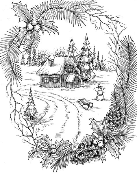 A Black And White Drawing Of A Christmas Scene With Holly Wreaths Pine