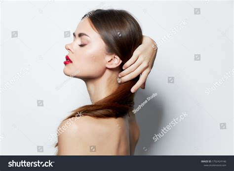 Attractive Woman Naked Shoulders Closed Eyes Stock Photo