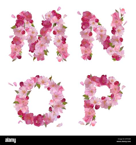 Vector Spring Alphabet With Gentle Pink Sakura Flowers Letters Mnop
