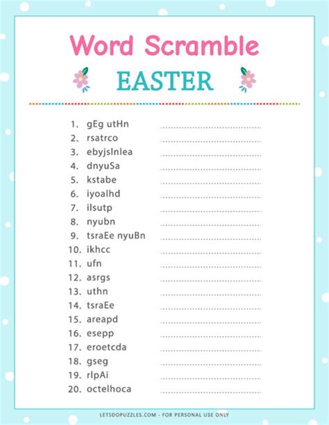 Easter Word Scramble Puzzle Printable