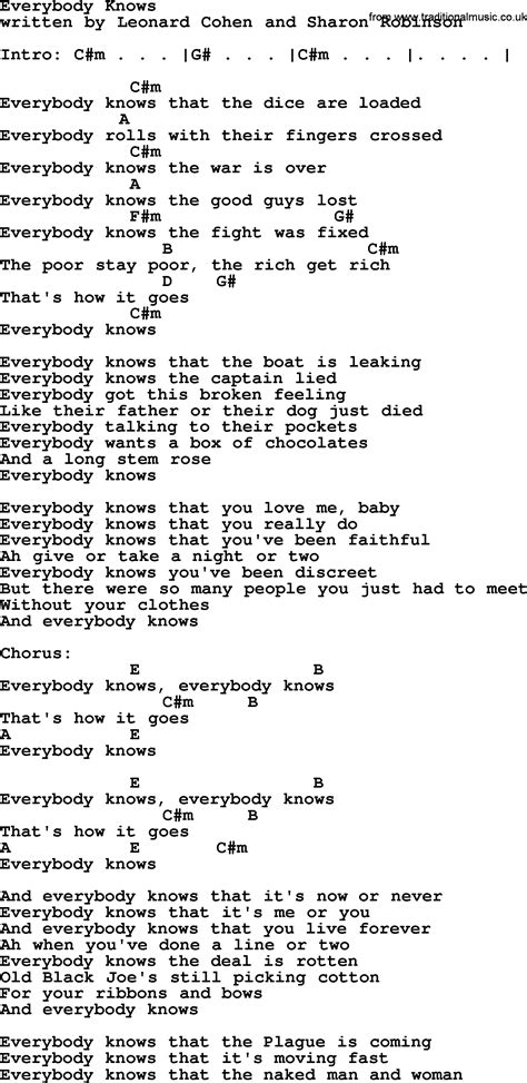 Leonard Cohen song: Everybody Knows, lyrics and chords