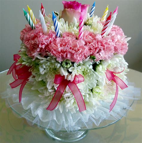 Birthday cake made with fresh flowers. Birthday cake flowers with pink and white fresh flowers ...