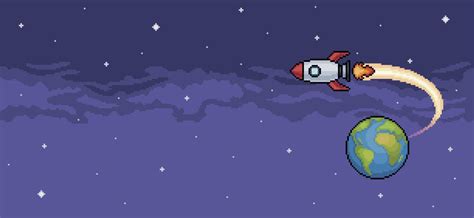 Pixel Art Background Of Rocket Taking Off From Earth Background Vector