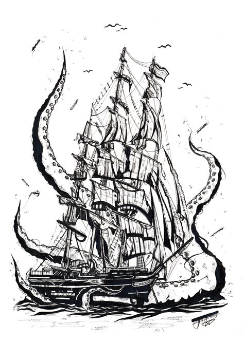 Pirate Ship And Kraken Drawing