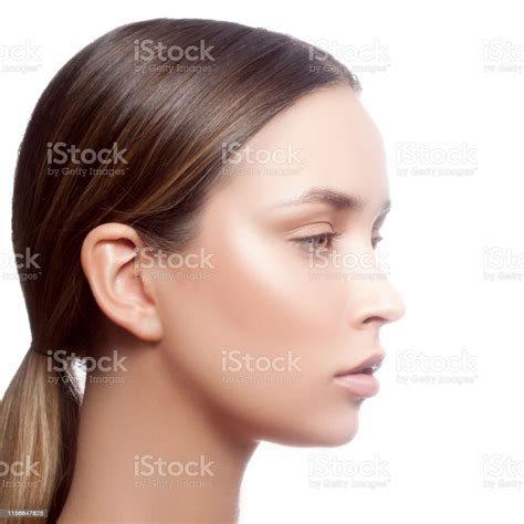 Beauty Model Girl Face Profile Studio Headshot Perfect Skin Stock Photo