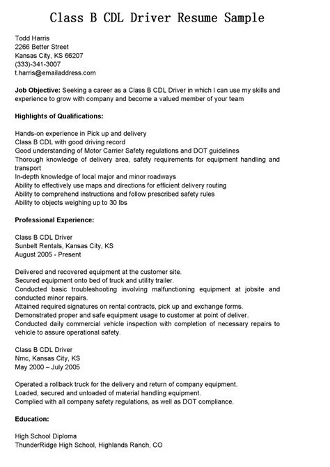 Driver Resumes Class B Cdl Driver Resume Sample