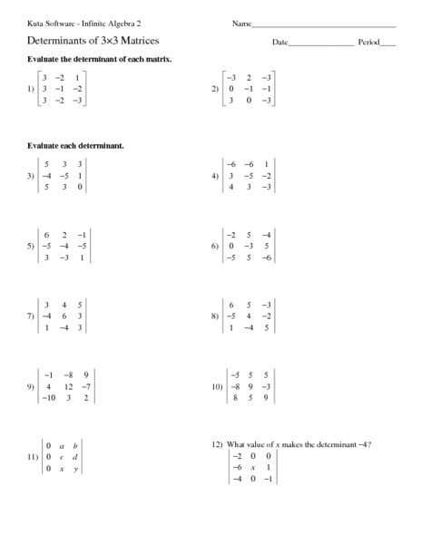 Determinants Of 3x3 Matrices Worksheet For 11th 12th Grade Lesson