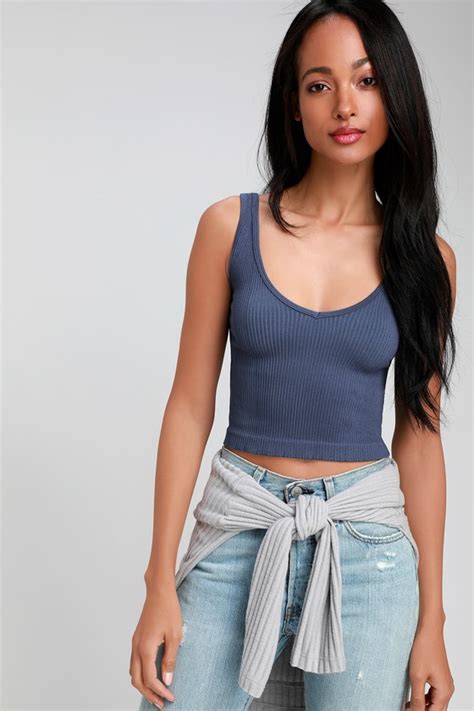 Free People Solid Rib Denim Blue Cami Cropped Tank Top Lulus