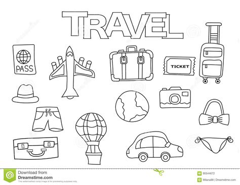 Travel Elements Hand Drawn Set Coloring Book Template Stock Vector