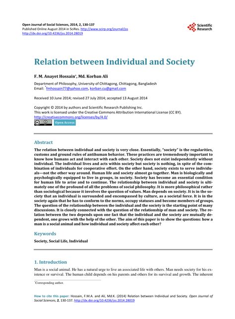 Pdf Relation Between Individual And Society
