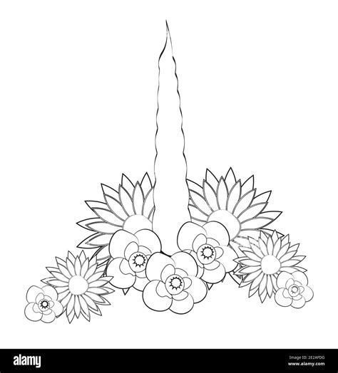 Unicorn Horn In Flowers Coloring Book Page Picture In Hand Drawing